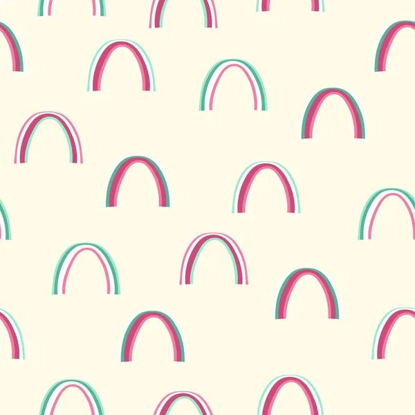 Trendiges nahtloses Muster mit buntem Regenbogen auf farbigem Hintergrund. Design für Einladung, Plakat, Karte, Stoff, Textil, Stoff. Nette Urlaubsillustration für Baby. Doodle-Stil — Stockvektor