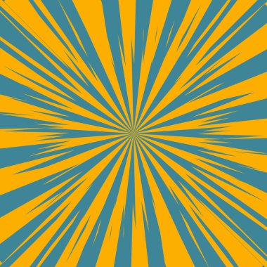 Pop Art Radyasyon Renkli Çizgi Roman kapağı. Çizgili turuncu ve mavi dijital arka plan. Çizgi film komik retro desenli striptiz maketi. Vektör yarım ton çizimi. Güneş patlaması, yıldız patlaması şekli