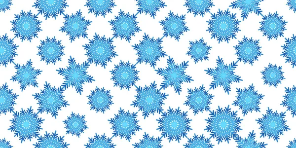 Padrão sem costura de inverno com flocos de neve azuis no fundo branco. Ilustração vetorial para tecido, papel de parede têxtil, cartazes, papel de embrulho de presente. Ilustração vetorial de Natal. Queda de neve — Vetor de Stock