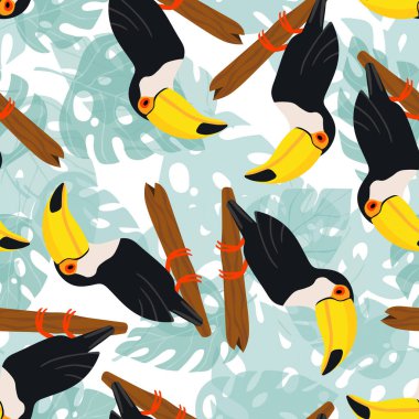 Kusursuz desenli, dalında çizgi film karakteri olan bir tukan kuşu. Duvar kağıdı, kumaş ve tekstil için vektör çizimi. Yaz egzotik baskısı. Çiçekli canavar yapraklı tropik bir tukan.