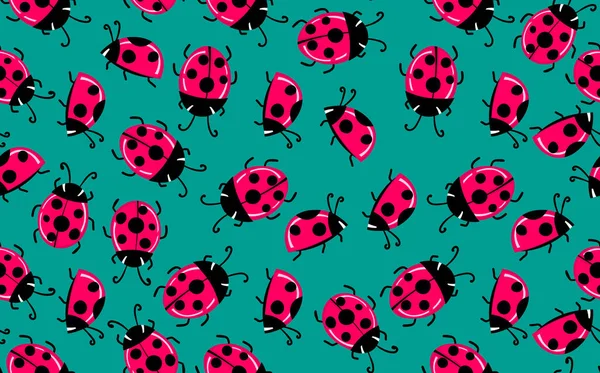 Moda animal sem costura padrão com joaninha colorida no fundo de cor. Ilustração de férias bonito com ladybags para o bebê. Design para convite, cartaz, cartão, tecido, têxtil —  Vetores de Stock