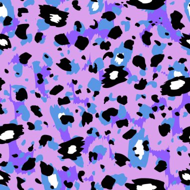Soyut modern leopar pürüzsüz desen. Hayvanlar modaya uygun arka plan. Parmak izi, kart, kartpostal, kumaş ve tekstil için mor ve siyah dekoratif vektör stok çizimi. Modern stilize cilt süsü