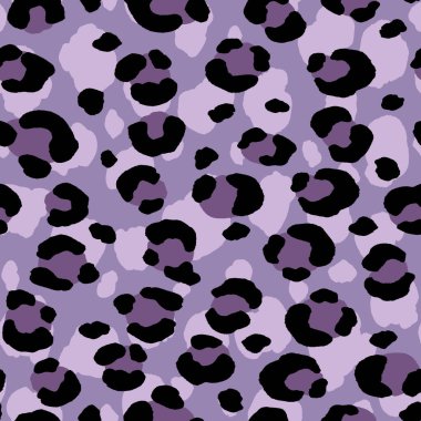 Soyut modern leopar pürüzsüz desen. Hayvanlar modaya uygun arka plan. Parmak izi, kart, kartpostal, kumaş ve tekstil için mor ve siyah dekoratif vektör stok çizimi. Modern stilize cilt süsü