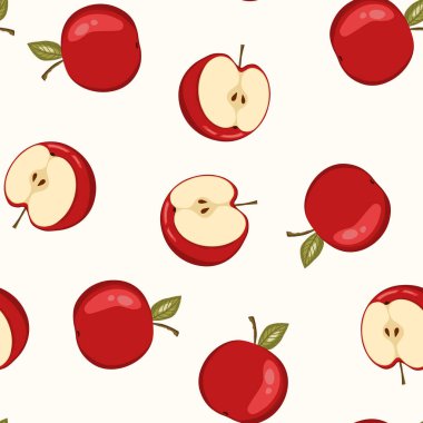 Beyaz arka planda elmalı kusursuz desen. Doğal lezzetli taze olgun meyveler. Baskı, kumaş, tekstil ve diğer tasarımlar için vektör çizimi. Yapraklı elmalar. Yiyecek konsepti