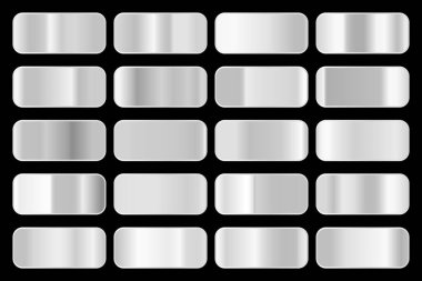 Parlak gümüş hologramlı metalik gradyan koleksiyonu. Holografik folyo dokusu, krom metal oyması. Çerçeve, kurdele, sınır, kapak, pankart ve diğer tasarım için vektör ayarlandı