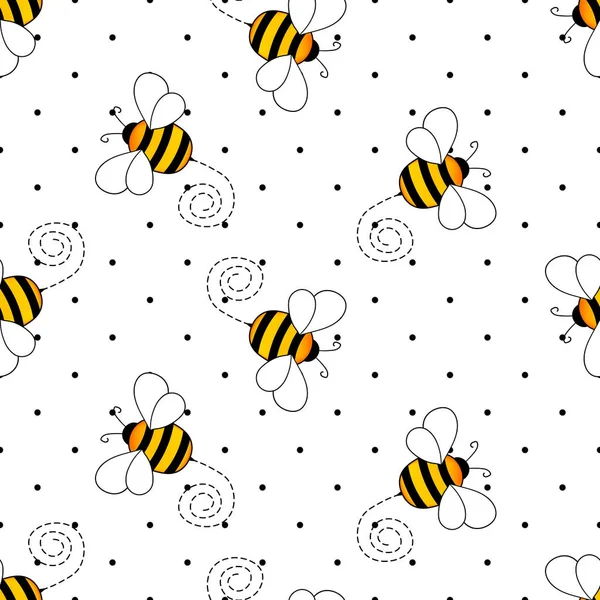 白色圆点背景上有蜜蜂的无缝图案。小黄蜂。矢量图解。可敬的卡通人物请帖、卡片、纺织品、面料模板设计.涂鸦风格 — 图库矢量图片