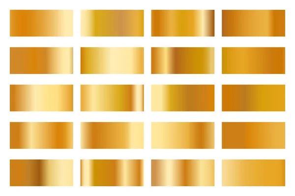 Collezione di gradienti metallici con ologramma in oro lucido. Struttura olografica della stagnola, rosa dell'oro e gradazione dorata. Set vettoriale per telaio, nastro, bordo, altro design — Vettoriale Stock