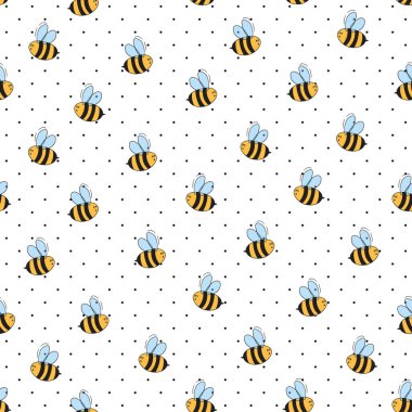 Beyaz benekli arka planda arılar olan kusursuz bir desen. Küçük eşekarısı. Vektör çizimi. Sevimli çizgi film karakteri. Davetiye, kart, tekstil, kumaş için şablon tasarımı. Doodle tarzı