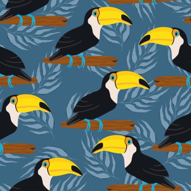 Kusursuz desenli, dalında çizgi film karakteri olan bir tukan kuşu. Duvar kağıdı, kumaş ve tekstil için vektör çizimi. Yaz egzotik baskısı. Çiçekli canavar yapraklı tropik bir tukan.