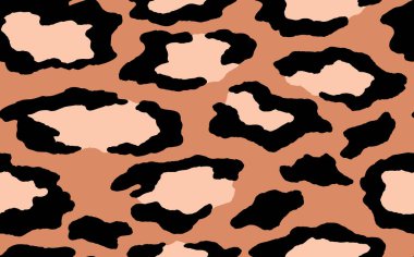 Soyut modern leopar pürüzsüz desen. Hayvanlar modaya uygun arka plan. Baskı, kart, kartpostal, kumaş, tekstil için bej ve siyah dekoratif vektör çizimi. Modern stilize cilt süsü