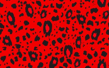 Soyut modern leopar pürüzsüz desen. Hayvanlar modaya uygun arka plan. Baskı, kart, kartpostal, kumaş ve tekstil için kırmızı ve siyah dekoratif vektör çizimi. Modern stilize cilt süsü