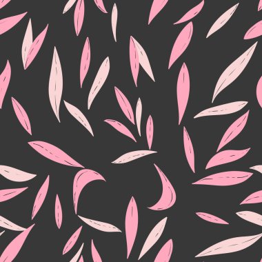 El çizimi yaprakları olan dikişsiz bir çiçek. Güzel bir sonbahar geçmişi var. Tropik pembe dallar. Modern çiçek kompozisyonları. Duvar kağıdı, poster, kart, kumaş ve tekstil için moda vektör stoku çizimi.