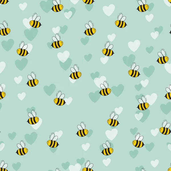 Бесшовный узор с пчелами и сердцами на цветном фоне. Маленькая оса. Векторная иллюстрация. Симпатичный мультяшный персонаж. Дизайн шаблонов приглашений, открыток, текстиля и т.д. Дудл — стоковый вектор