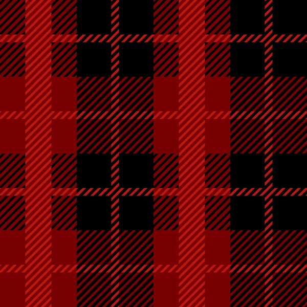 Modello senza cuciture tessile scozzese rosso e nero. Tessuto tartan plaid check texture. Sfondo geometrico astratto per stoffa, carta, tessuto. Grafica monocromatica che ripete il disegno. Moderno ornamento quadrato. — Vettoriale Stock