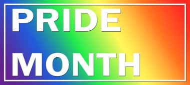 Gökkuşağı arka planında gurur dolu bir ay. LGBT bayrağı. Şablon tasarımı, vektör çizimi. Aşk kazanır. Renkli semboller. Eşcinsel gurur koleksiyonu. Pankart