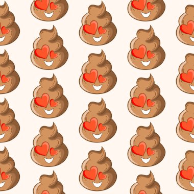 Seamless pattern with kawaii poop on white background. Cartoon poo, feces icons. Shit patterns, evil turd. Vector illustration for invitation, poster, card, fabric, textile. Doodle style