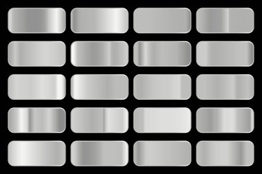 Parlak gümüş hologramlı metalik gradyan koleksiyonu. Holografik folyo dokusu, krom metal oyması. Çerçeve, kurdele, sınır, kapak, pankart ve diğer tasarım için vektör ayarlandı