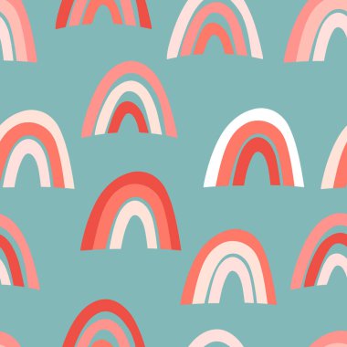 Renkli gökkuşağı renkleriyle renksiz modaya uygun bir model. Davetiye, poster, kart, kumaş, tekstil, kumaş tasarımı. Bebek için şirin bir tatil illüstrasyonu. İskandinav karalama stili