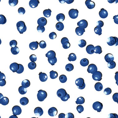 Beyaz arka planda yaban mersinli, pürüzsüz desen. Doğal taze olgun yaban mersini. Arkaplan, ambalaj, tekstil, kumaş ve çeşitli diğer tasarımlar için vektör illüstrasyonu