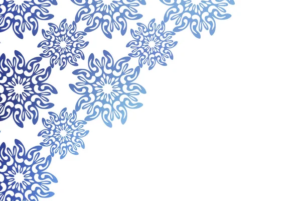 Weihnachtskarte mit blauen Schneeflocken auf weißem Hintergrund. Vereinzelte Schneeflocken. Leere Papierform. Winter Cartoon flache Illustration. Kopierraum. Urlaubsmuster, Banner, Rahmen, Grußkartendesign — Stockvektor