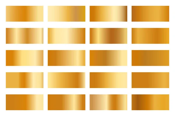 Collezione di gradienti metallici con ologramma in oro lucido. Struttura olografica della stagnola, rosa dell'oro e gradazione dorata. Set vettoriale per telaio, nastro, bordo, altro design — Vettoriale Stock