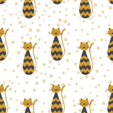 Siluet sevimli kediyle vektör düz çizim. Beyaz arka planda, İskandinav tarzında kusursuz bir model. Kart, poster, kumaş, tekstil tasarımı