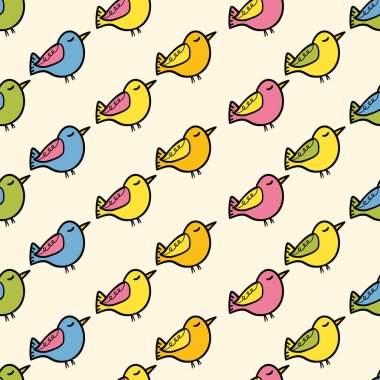 Komik renkli kuşlarla kusursuz bir desen. Çizgi film kuşuyla renklendirilmiş düz vektör çizimi. Sevimli karakterler. Çocuklar için davetiye, poster, kart, broşür, tekstil, kumaş tasarımı