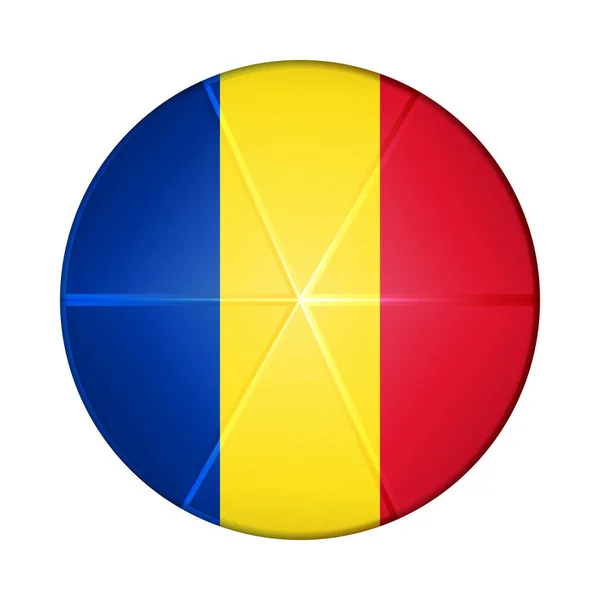 Bola de luz de vidro com bandeira da Romênia. Esfera redonda, ícone de modelo. Símbolo nacional romeno. Bola realista brilhante, ilustração vetorial abstrata 3D destacada em um fundo branco. Grande bolha — Vetor de Stock