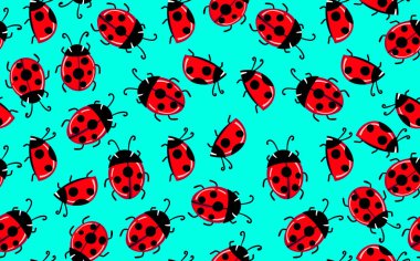 Renkli arka planda renkli uğur böceği desenli modaya uygun hayvani desenler. Bebek için kadın çantaları olan şirin bir tatil illüstrasyonu. Davetiye, poster, kart, kumaş, tekstil için tasarım