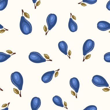 Beyaz arka planda erik olan pürüzsüz bir desen. Doğal lezzetli taze olgun meyveler. Baskı, kumaş, tekstil, pankart ve diğer tasarım için vektör çizimi. İzinli stilize erikler. Yiyecek konsepti.