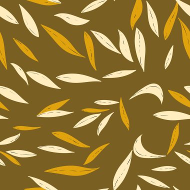 El çizimi yaprakları olan dikişsiz bir çiçek. Güzel bir sonbahar geçmişi var. Tropik kahverengi dallar. Modern çiçek kompozisyonları. Duvar kağıdı, poster, kart, kumaş ve tekstil için moda vektör stoku çizimi