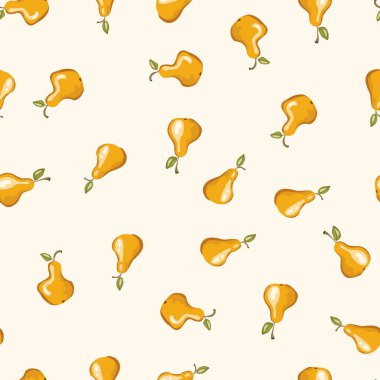 Beyaz zemin üzerinde armut olan kusursuz desen. Doğal lezzetli taze olgun meyveler. Baskı, kumaş, tekstil, pankart ve diğer tasarım için vektör çizimi. Yapraklı stilize armutlar. Yiyecek konsepti