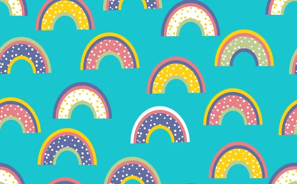 Trendiges nahtloses Muster mit buntem Regenbogen auf farbigem Hintergrund. Design für Einladung, Plakat, Karte, Stoff, Textil, Stoff. Nette Urlaubsillustration für Baby. Doodle-Stil — Stockvektor