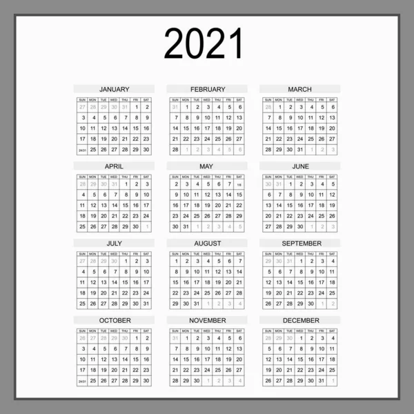 Planificador de calendario 2021. Semana corporativa. Plantilla de diseño, 12 meses al año, fondo de color. Diseño simple para folleto de negocios, volante, medios impresos, publicidad. La semana comienza el lunes — Vector de stock