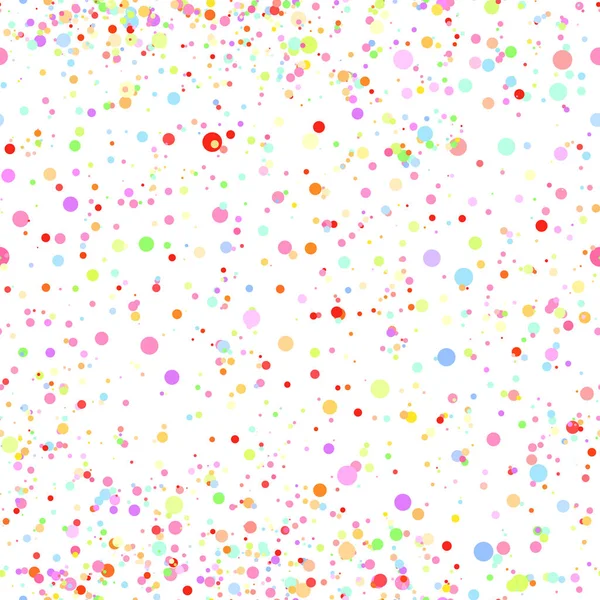 Abstract hand drown polka dots background. White dotted seamless pattern with rainbow circles. Template design for for Birthday, party holiday, banner, textile, fabric. Summer confetti illustration — Stock Vector