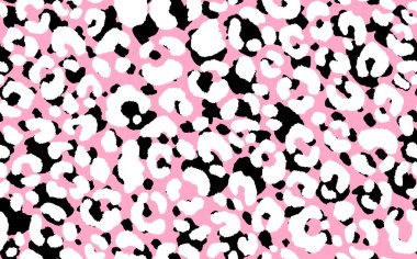 Soyut modern leopar pürüzsüz desen. Hayvanlar modaya uygun arka plan. Baskı, kart, kartpostal, kumaş ve tekstil için pembe ve beyaz dekoratif vektör çizimi. Modern stilize cilt süsü