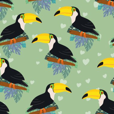 Kusursuz desenli, dalında çizgi film karakteri olan bir tukan kuşu. Duvar kağıdı, kumaş ve tekstil için vektör çizimi. Yaz egzotik baskısı. Çiçekli canavar yapraklı tropik bir tukan.