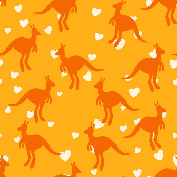 Vector flat illustration with silhouette kangaroo and baby kangaroo on fiery background. Seamless pattern on orange background. Design for card, poster, fabric, textile. Pray for Australia and animals — Stock Vector