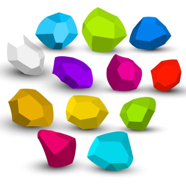 Çizgi film taşları. Kaya taşı izometrik set. Renkli kayalar, doğal yapı taşı şekilleri, duvar taşları. 3D düz çizim. Vektör koleksiyonu