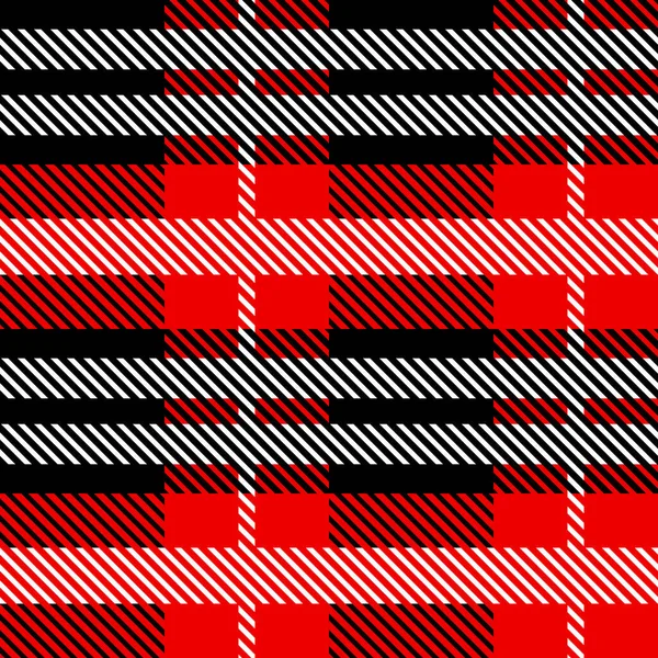 Modello senza cuciture tessile scozzese rosso e nero. Tessuto tartan plaid check texture. Sfondo geometrico astratto per stoffa, carta, tessuto. Design monocromatico a ripetizione. Moderno ornamento quadrato — Vettoriale Stock