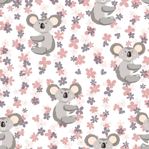 Modèle sans couture avec bébé koala mignon et fleurs sur fond blanc. Drôle d'animaux australiens. Carte, cartes postales pour enfants. Illustration vectorielle plate pour tissu, textile, papier peint, affiche, papier — Image vectorielle