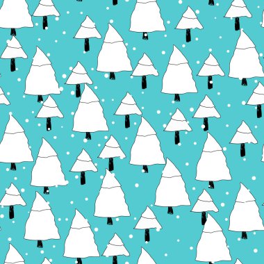 Noel ağacı ve kar taneleriyle renksiz kış deseni. Kumaş, tekstil duvar kağıtları, posterler, hediye ambalaj kağıtları için vektör çizimi. Mutlu Noeller ve Yeni Yıl Vekili.