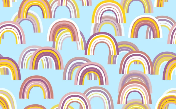 Trendiges nahtloses Muster mit buntem Regenbogen auf farbigem Hintergrund. Design für Einladung, Plakat, Karte, Stoff, Textil, Stoff. Nette Urlaubsillustration für Baby. Skandinavischer Doodle-Stil — Stockvektor