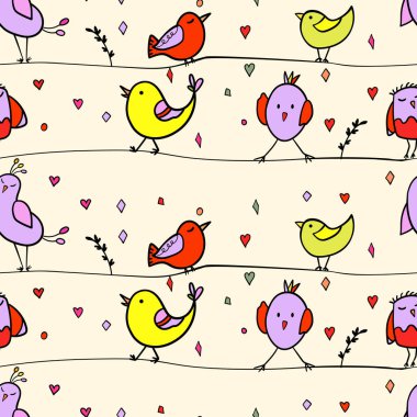 Garip renkli kuşların kabloların üzerinde oturduğu kusursuz bir desen. Çizgi film kuşuyla renklendirilmiş düz vektör çizimi. Sevimli karakterler. Çocuklar için davetiye, el ilanı, tekstil, kumaş tasarımı