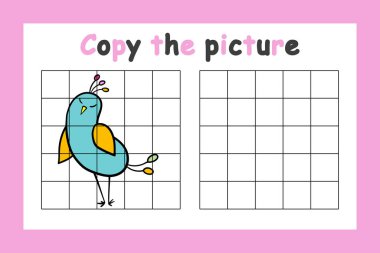 Fotoğrafı kopyala. Çocuklar için eğitici bir oyun. Sevimli kuş. Çocuklar için çizim aktivitesi. Renkli vektör illüstrasyonu