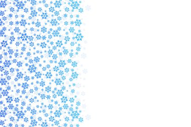 Beyaz arka planda mavi kar taneleri olan bir Noel kartı. İzole kar taneleri ikonu. Boş kağıt şekli. Kış çizgi filmi düz çizim. Uzayı kopyala Tatil şablonu, afiş, çerçeve, tebrik kartı tasarımı