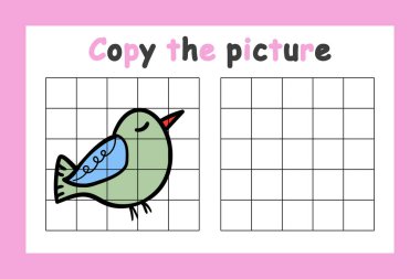 Fotoğrafı kopyala. Çocuklar için eğitici bir oyun. Sevimli kuş. Çocuklar için çizim aktivitesi. Renkli vektör illüstrasyonu
