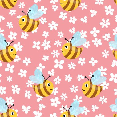 Renkli arka planda arılar ve çiçekler olan kusursuz bir desen. Küçük eşekarısı. Vektör çizimi. Sevimli çizgi film karakteri. Davetiye, kart, tekstil, kumaş için şablon tasarımı. Doodle tarzı