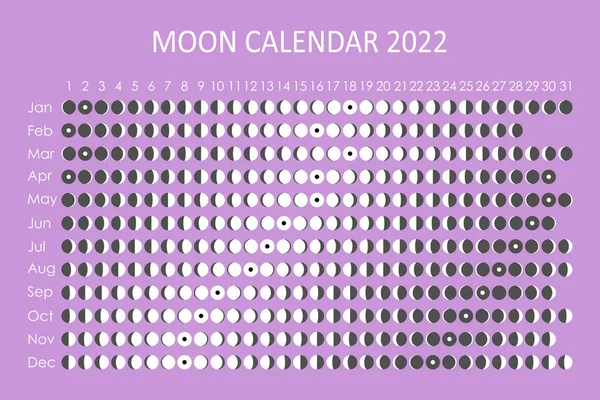 Mondkalender 2022. Astrologisches Kalenderdesign. Planer. Platz für Aufkleber. Monat-Zyklus-Planer-Attrappe. Vereinzelte schwarz-weiße Symbole auf farbigem Hintergrund — Stockvektor