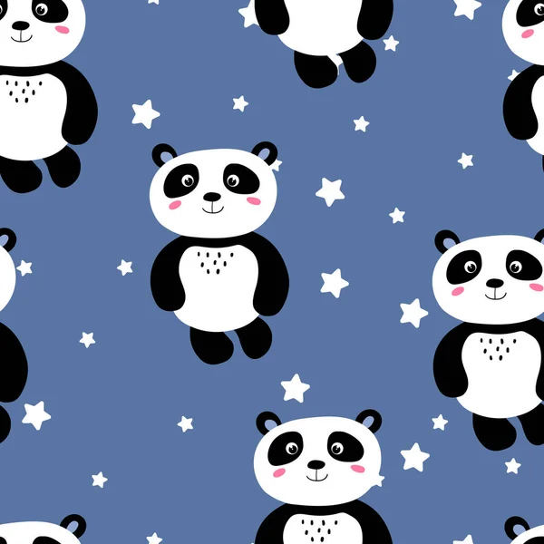 Безглазый узор с симпатичным детенышем панды и звездами на цветном фоне. Смешные азиатские животные. Открытки, открытки для детей. Плоская векторная иллюстрация для ткани, текстиля, обоев, подарочной оберточной бумаги — стоковый вектор